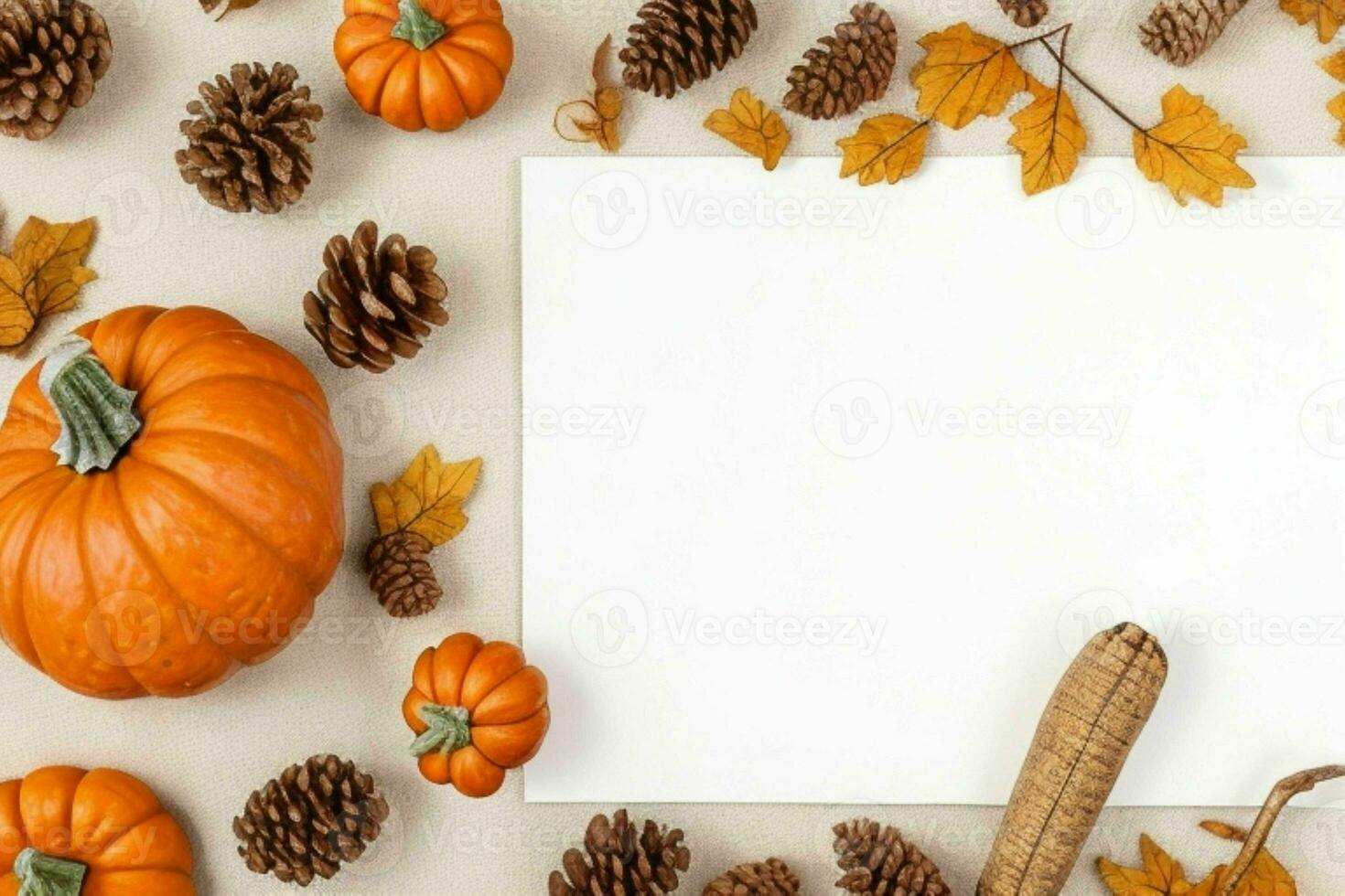 pumpkin, pine cones and dry leaves decoration. paperwhite blank card mockup background. AI Generative Pro Photo