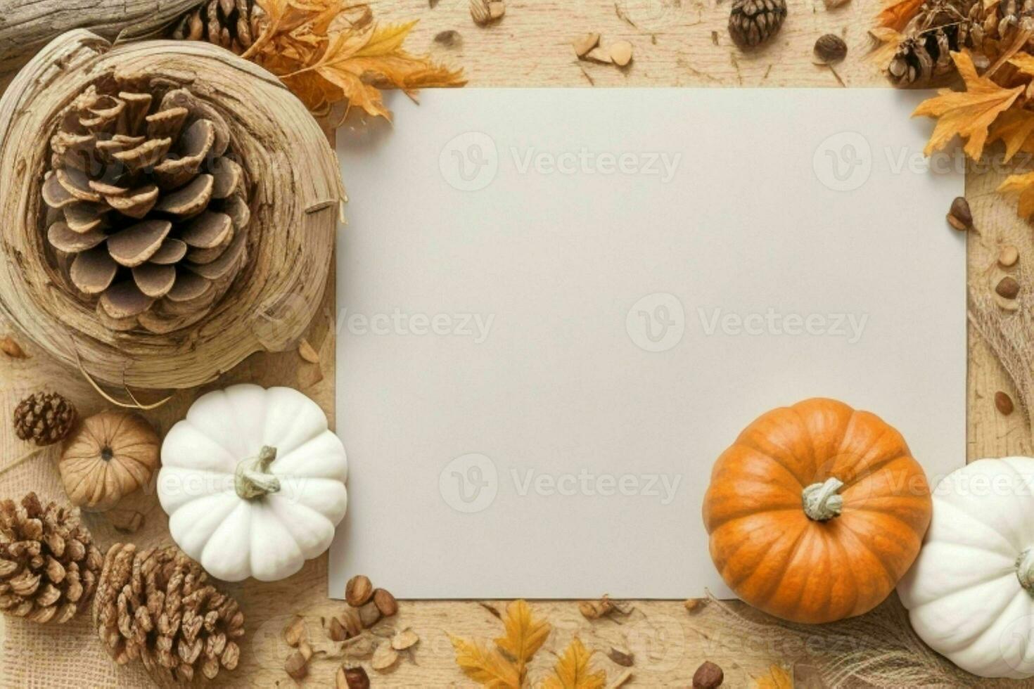 pumpkin, pine cones and dry leaves decoration. paperwhite blank card mockup background. AI Generative Pro Photo