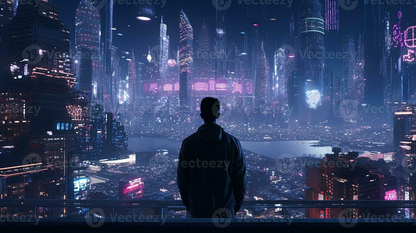 Person View from the Street of A Detailed Cyberpunk City with Many Lights photo