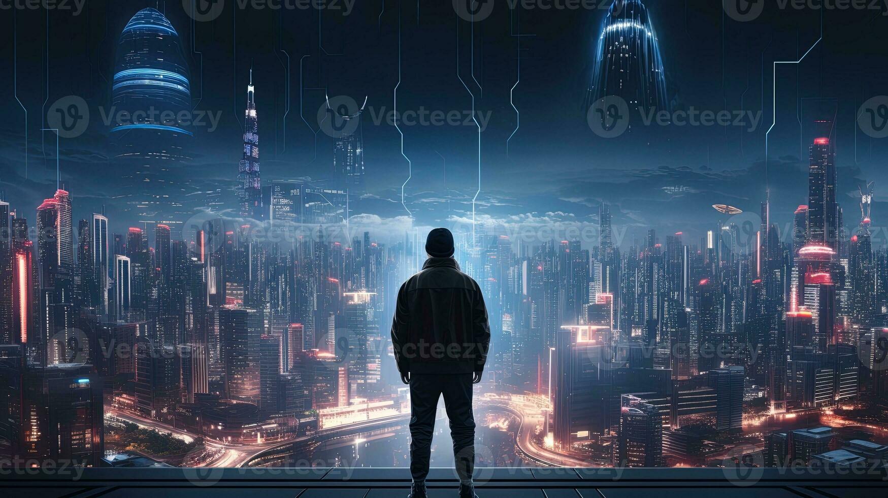 Person View from the Street of A Detailed Cyberpunk City with Many Lights photo