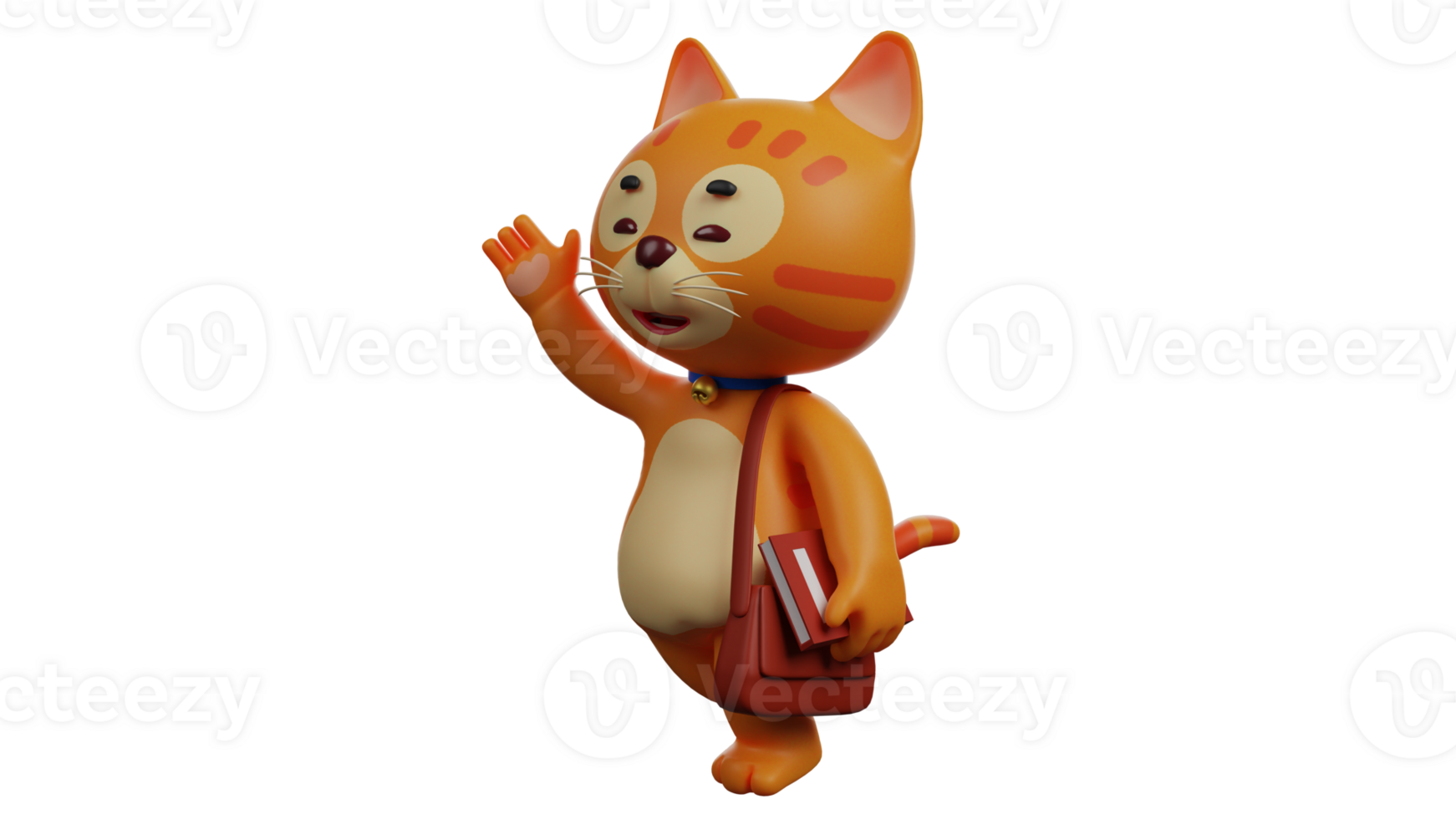 3D illustration. Friendly Cat 3D Cartoon Character. A cute cat who waves his hand to friends he meets on the street. Orange cat carrying a bag and getting ready to go to school. 3D cartoon character png