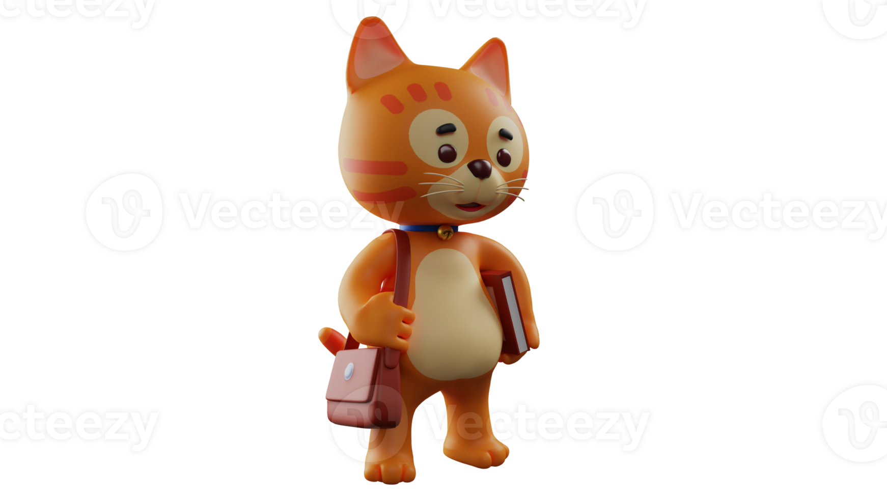 3D illustration. Cute Cat 3D Cartoon Character. Orange cat carrying bag and books. The cat is going to school. Cartoon Cat showing his confused expression. 3D cartoon character png