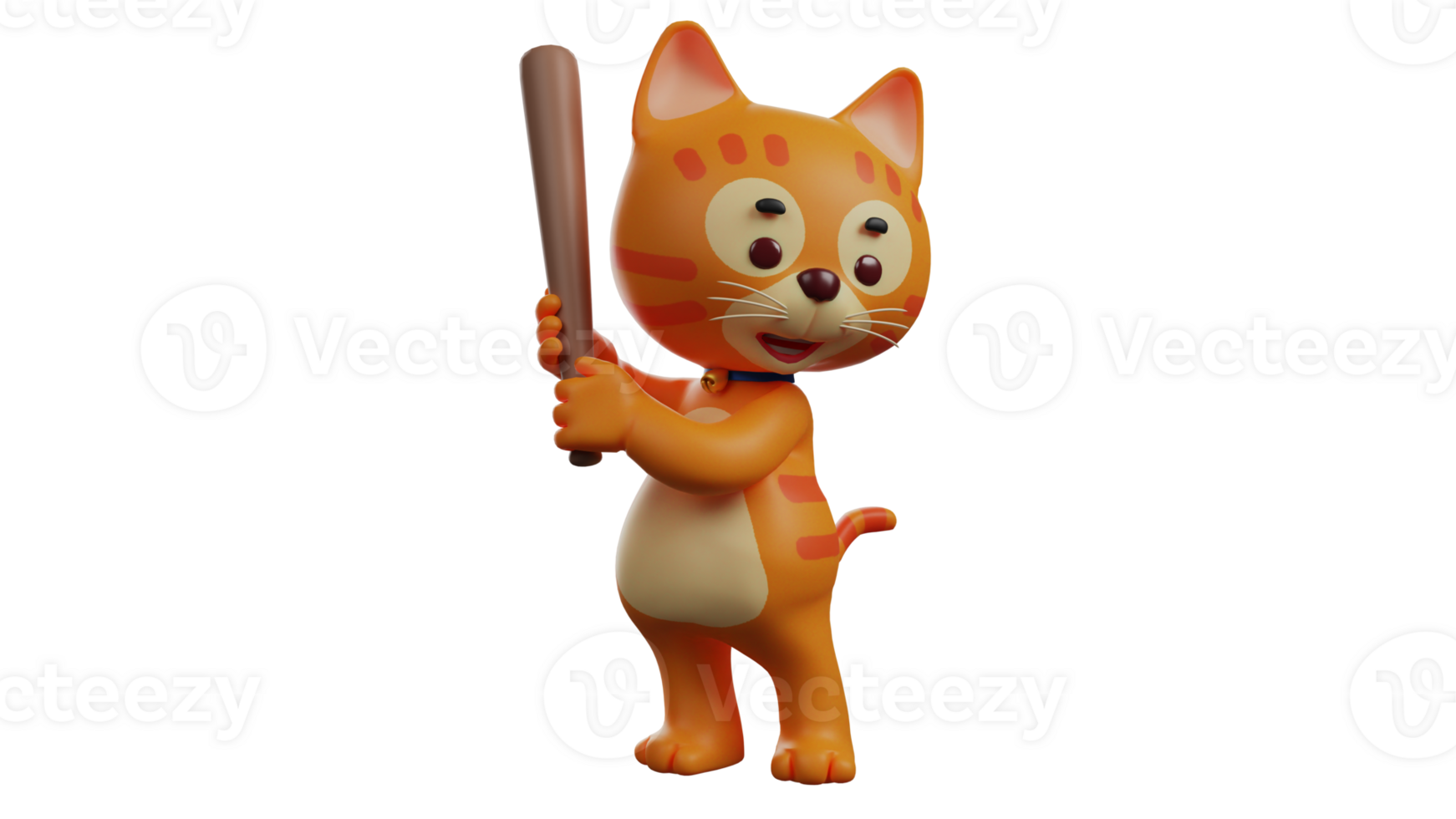 3D illustration. Orange Cat 3D Cartoon Character. Cat standing while holding a wooden stick. The cat prepares to swing a wooden stick at its enemy. 3D cartoon character png