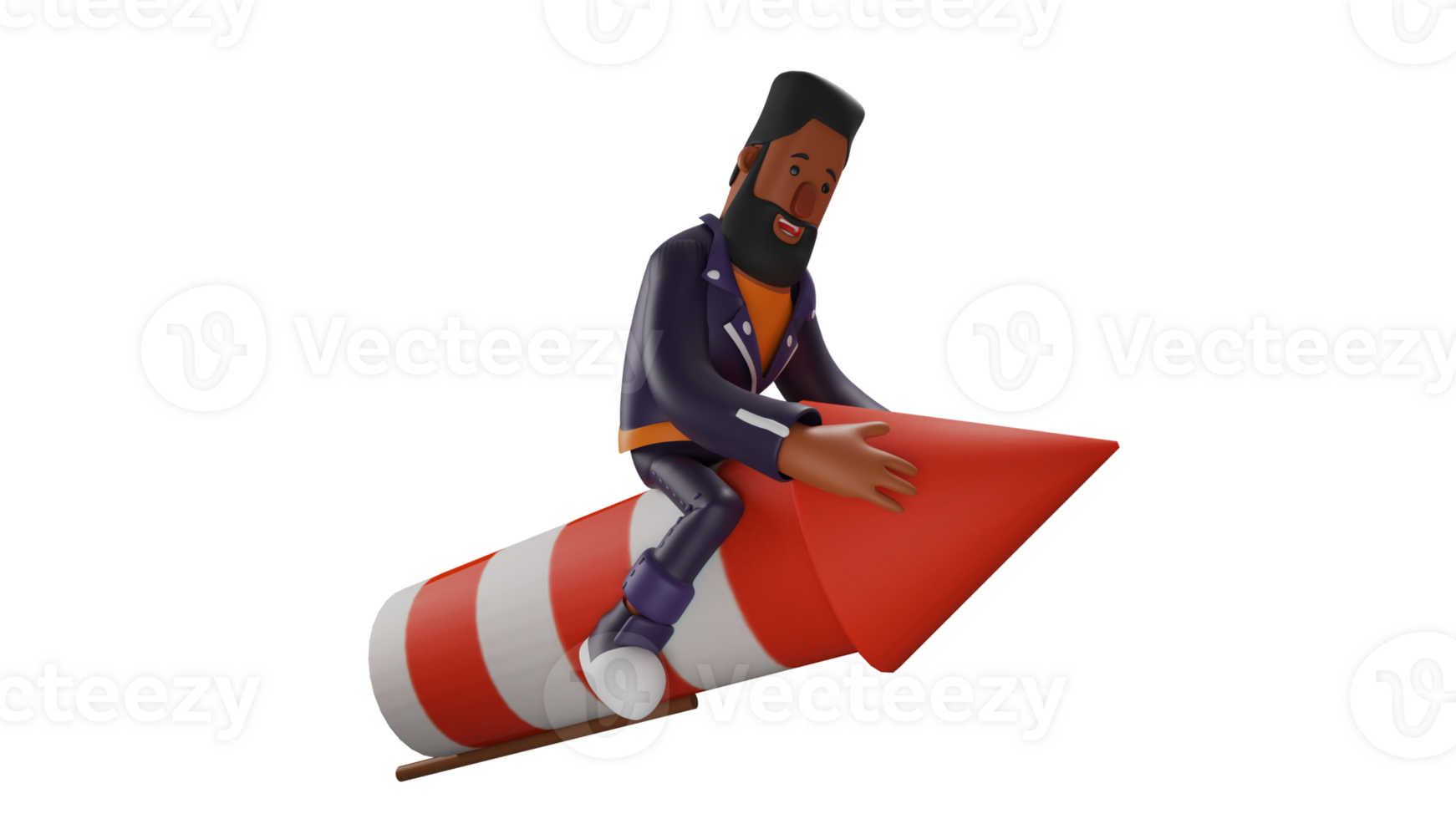 3D illustration. Adorable Male 3D Cartoon Character. Bearded man riding a rocket. A man who likes to spend his time trying new things. Bearded tourist looking happy. 3D cartoon character png