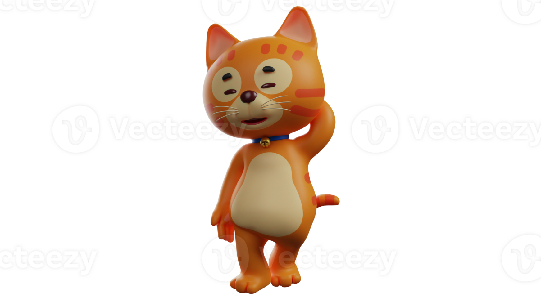 3D illustration. Pet Cat 3D Cartoon Character. Orange cat wearing a blue necklace. Orange cat showed a shy expression. The cat scratches the nape of its neck which is not itchy. 3D cartoon character png