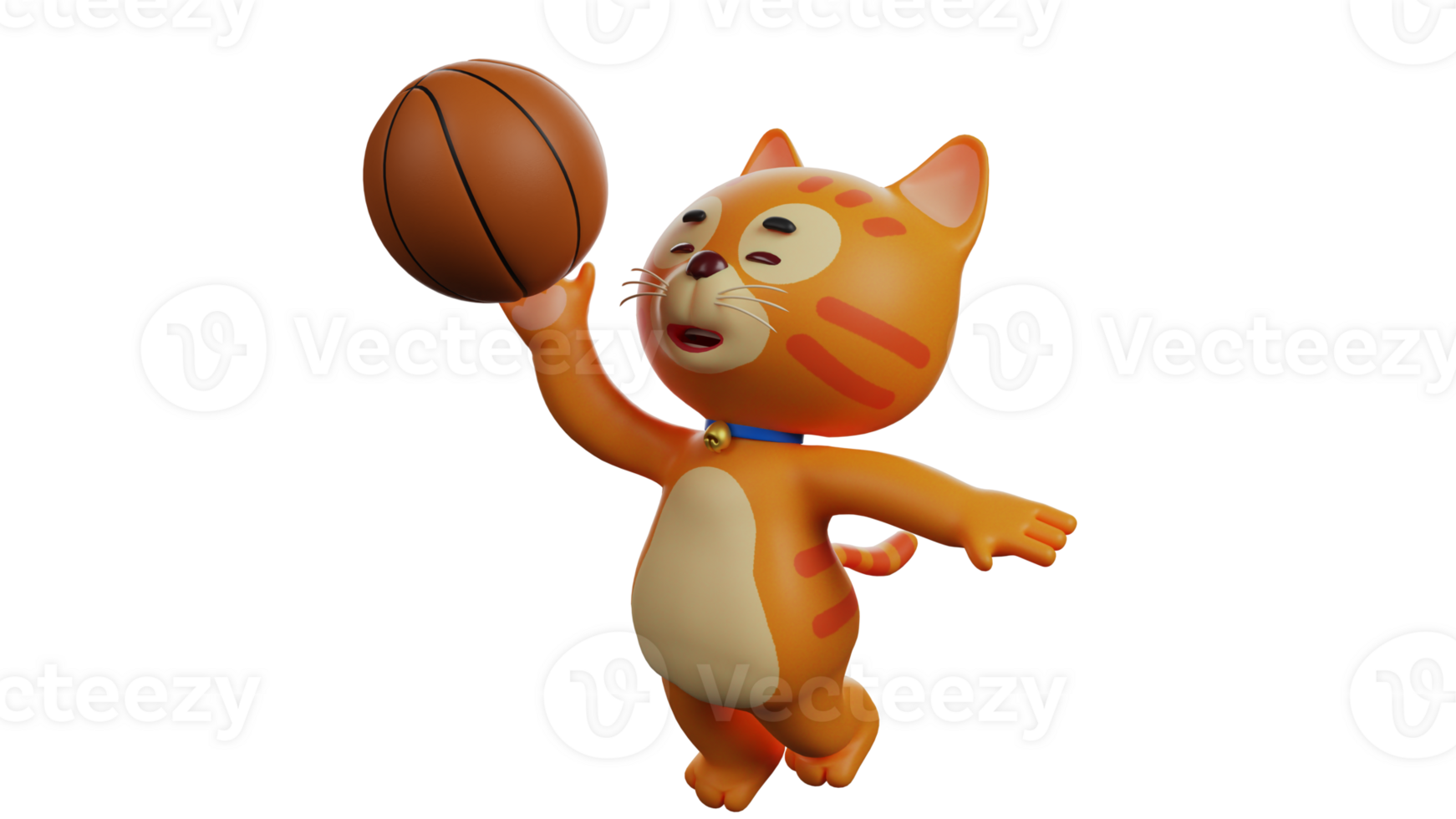 3D illustration. Talented Cat 3D Cartoon Character. Cat in a pose lifting a basketball and about to put it into the ring. Lively cat loves to play basketball. 3D cartoon character png