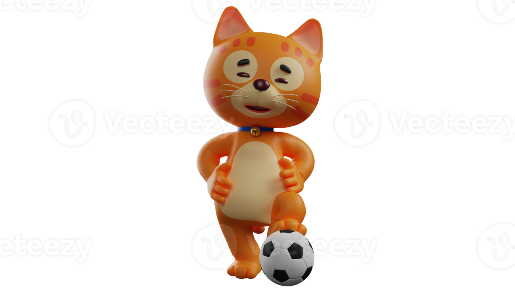 3D illustration. Cool Cat 3D Cartoon Character. Cat stood up with her hands on her hips. Orange Cat lifted one foot above the ball. Orange cat looks at his charming smile. 3D cartoon character png