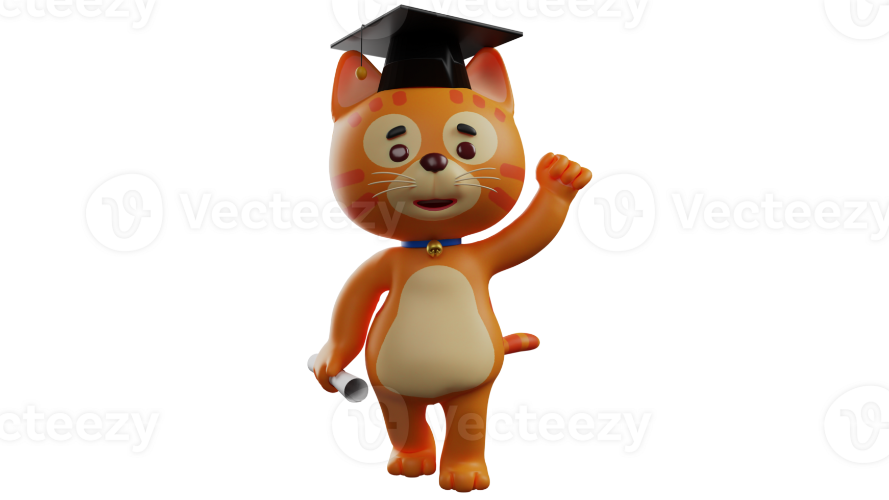 3D illustration. Graduation Cat 3D Cartoon Character. Graduation orange cat doll. The orange cat wears a black graduation cap. Cat carrying a roll of paper. 3D cartoon character png