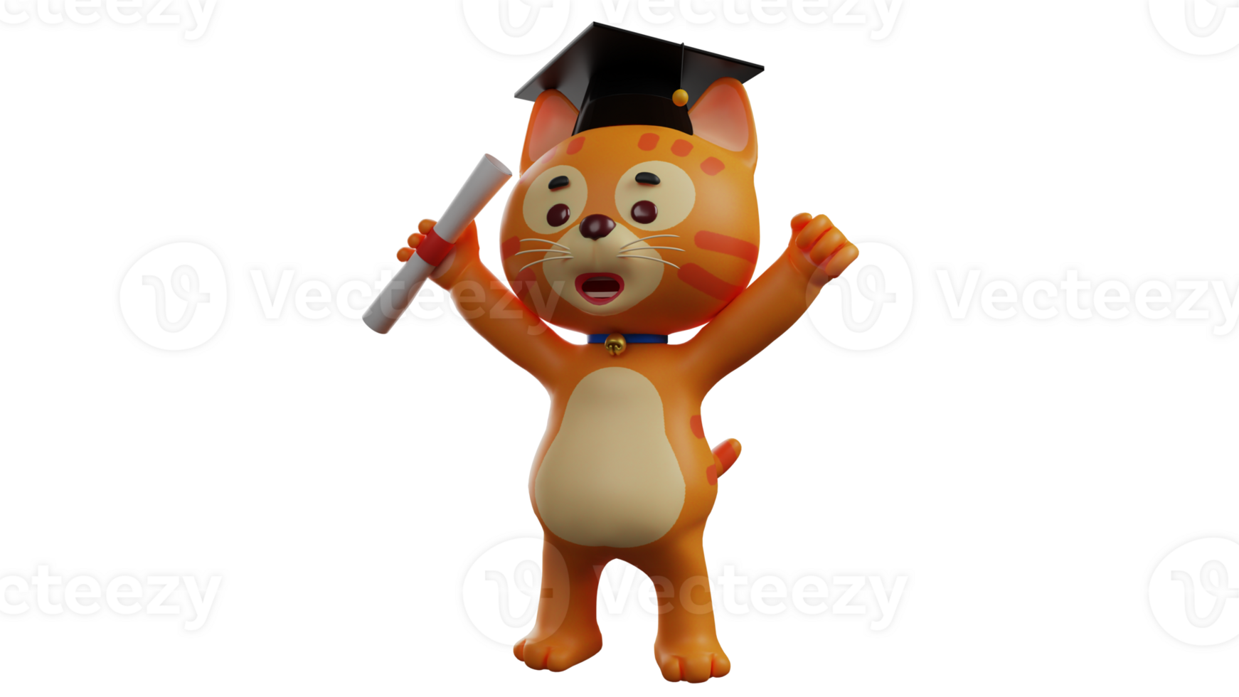 3D illustration. Happy Cat 3D Cartoon Character. The Orange Cat has graduated. Adorable cat wearing graduation cap. Cat person raised both hands while carrying a roll of paper. 3D cartoon character png