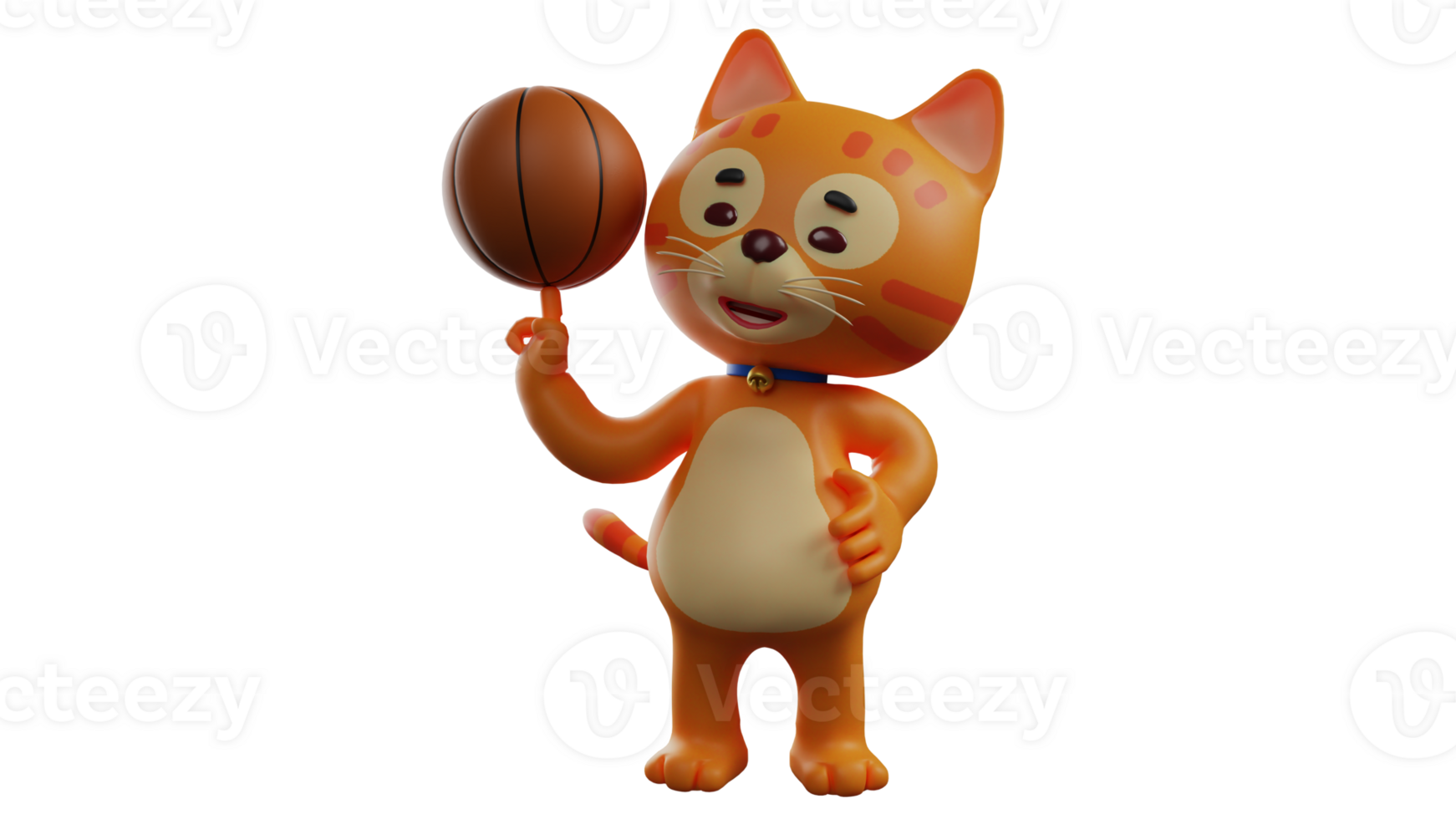 3D illustration. Cat 3D Cartoon Character. Cat is basketball athlete. Orange cat is playing basketball with one finger. A great cat shows his skills. 3D cartoon character png