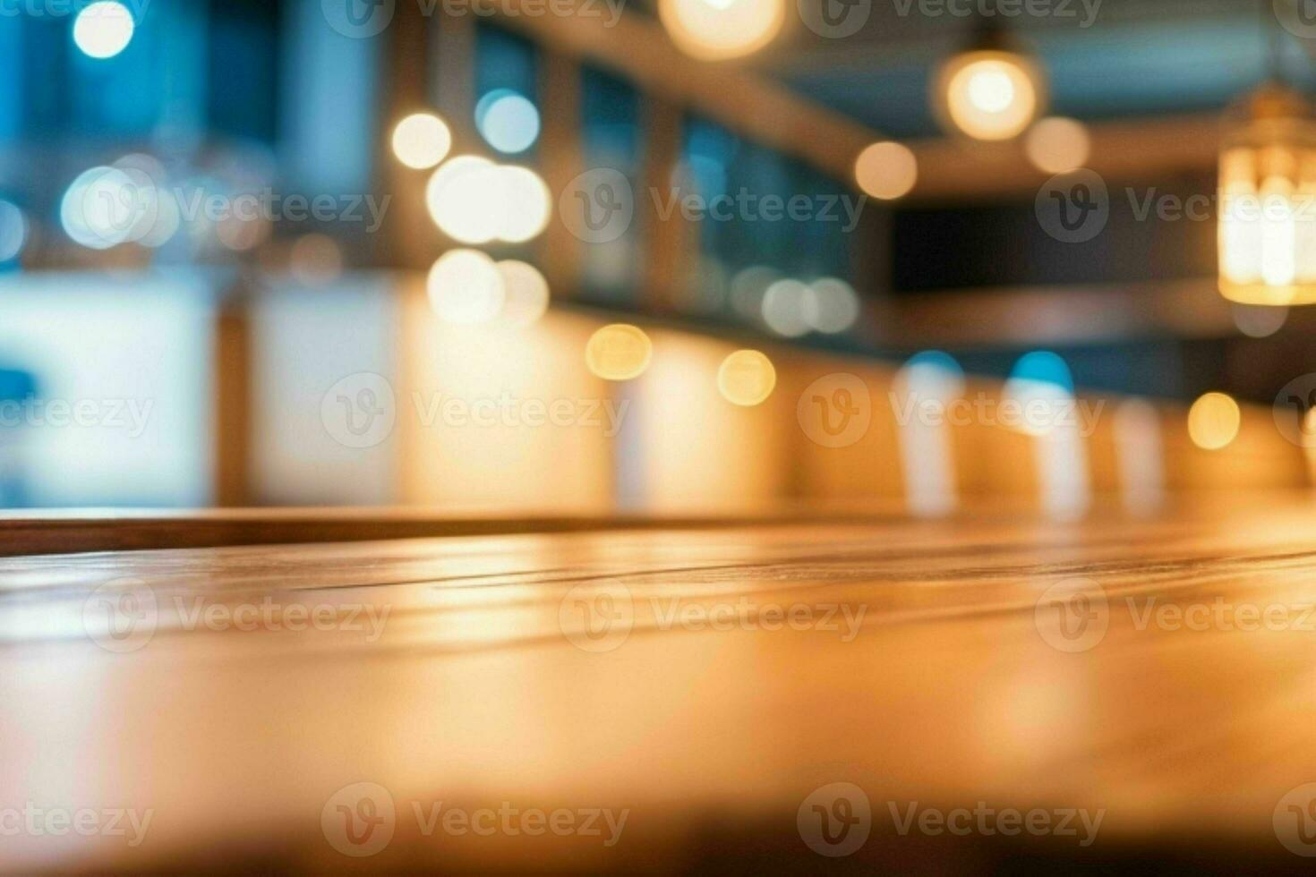 wooden table in front of a blurred background of restaurant lights. AI Generative Pro Photo