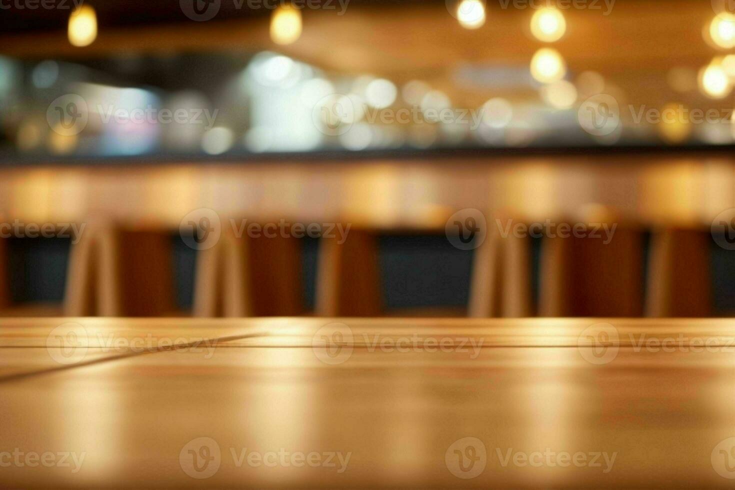 wooden table in front of a blurred background of restaurant lights. AI Generative Pro Photo