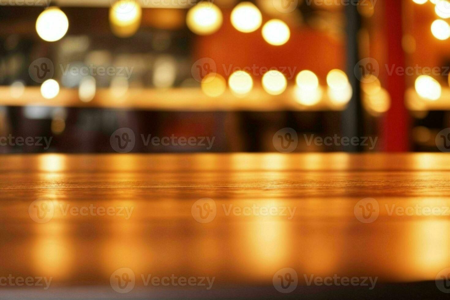 de madera mesa en frente de un borroso antecedentes de restaurante luces. ai generativo Pro foto