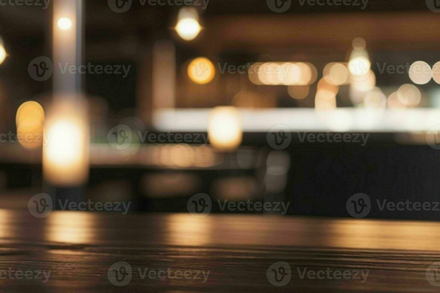 wooden table in front of a blurred background of restaurant lights. AI Generative Pro Photo