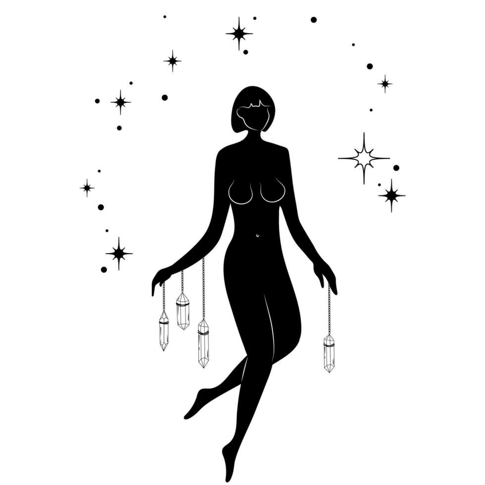 Hand drawn silhouette mystical woman with crystal pendants and stars. Spiritual young woman. Magic esoteric talisman. vector
