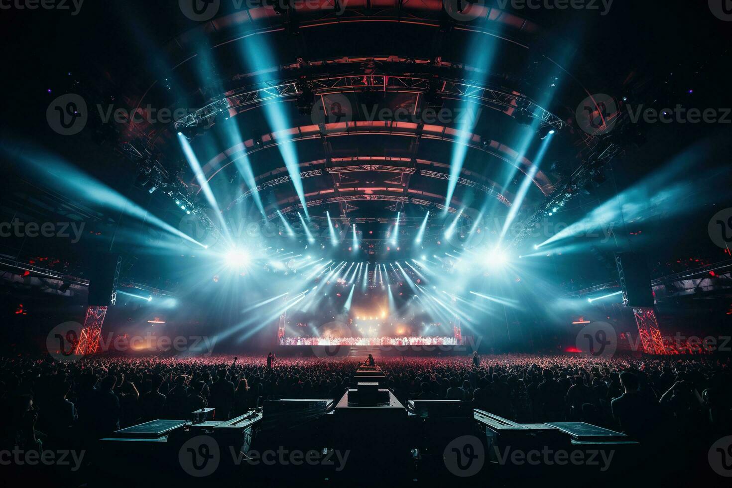 Rock concert, silhouettes of people in the bright rays of spotlights. Generated by artificial intelligence photo