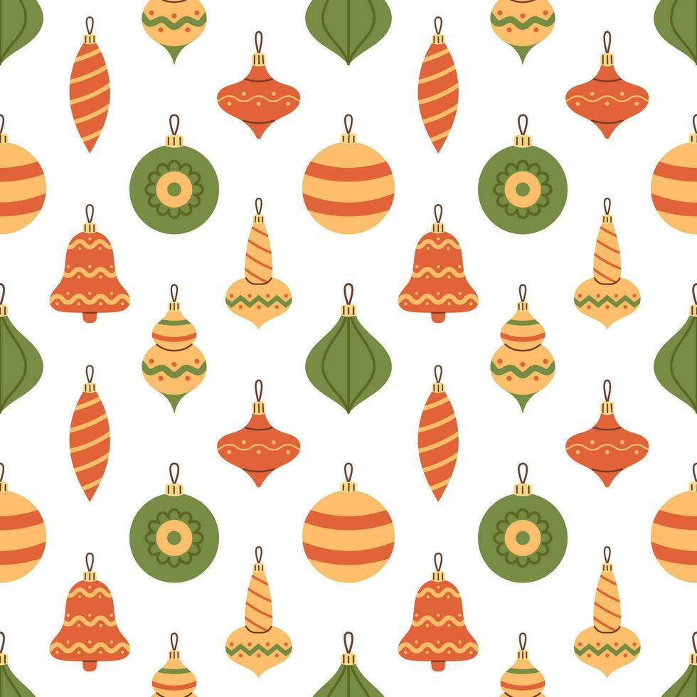 Vector seamless pattern with colorful bubbles and balls for Christmas tree. Red, green and yellow Christmas ornaments and decorations on white background. Happy New Year and Merry Christmas.