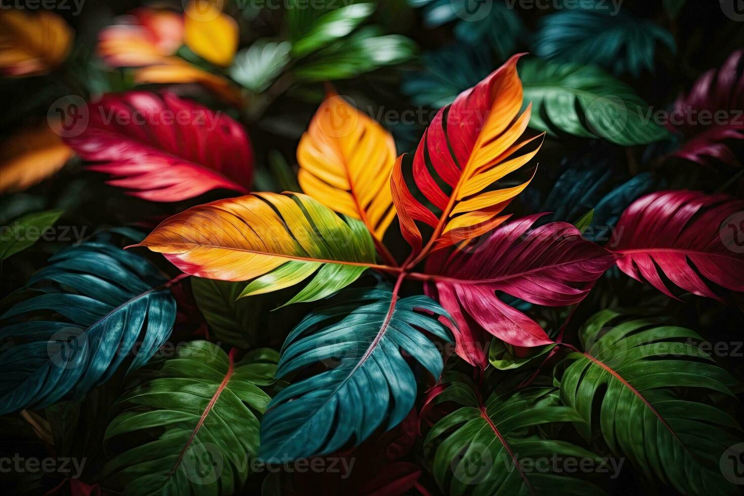 ai generative Tropical vivid vibrant color background with exotic painted tropical leaves photo