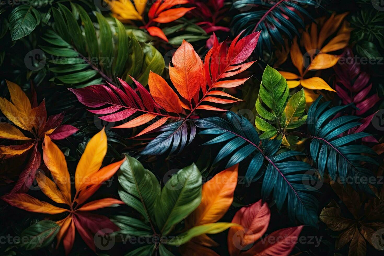 ai generative Tropical vivid vibrant color background with exotic painted tropical leaves photo