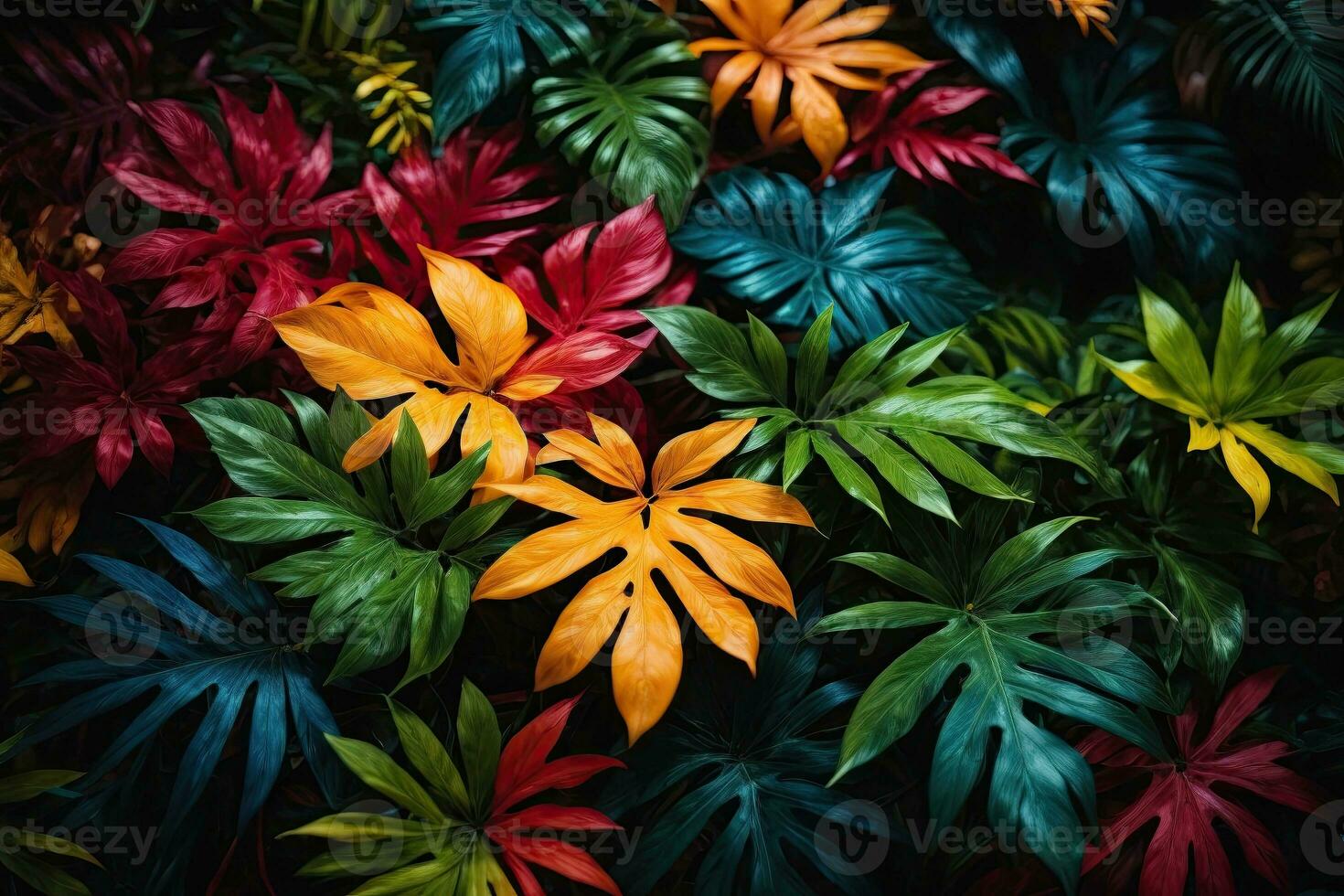 ai generative Tropical vivid vibrant color background with exotic painted tropical leaves photo