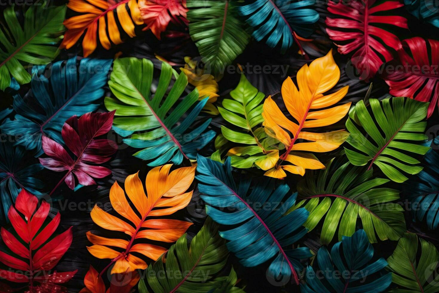 ai generative Tropical vivid vibrant color background with exotic painted tropical leaves photo