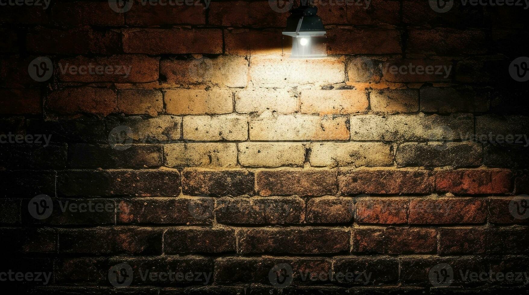 ai generative A single flood light partially lights up a red brick wall and a shaded dark photo