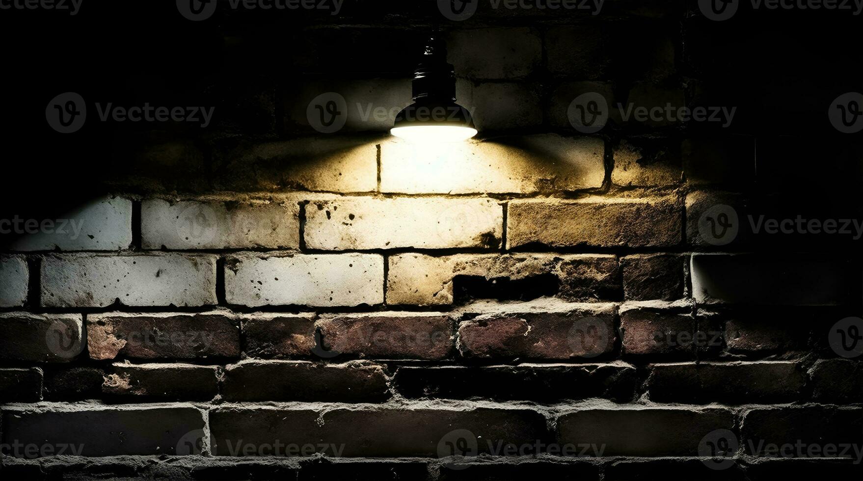 ai generative A single flood light partially lights up a red brick wall and a shaded dark photo