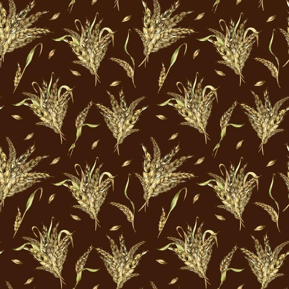 Wheat ear bunch watercolor seamless pattern isolated on black background. Spikelet of rye, barley, grains hand drawn. Design element for textile, paper, packaging, label grocery, bakery, wrapping vector