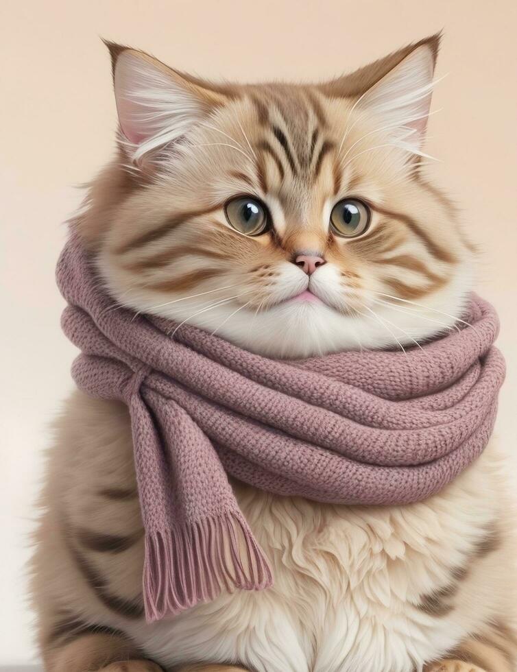 Cute fluffy fat cat in a pink warm scarf. Cozy kawaii ginger cat illustration, winter warm vibe. AI Generative photo