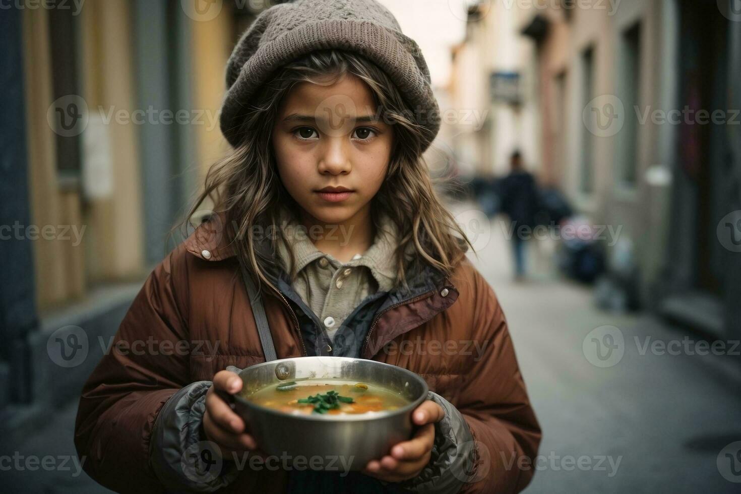 Homeless poor girl holding a bowl of soup in her hands. The problem of poverty and hunger, refugees. AI Generative photo