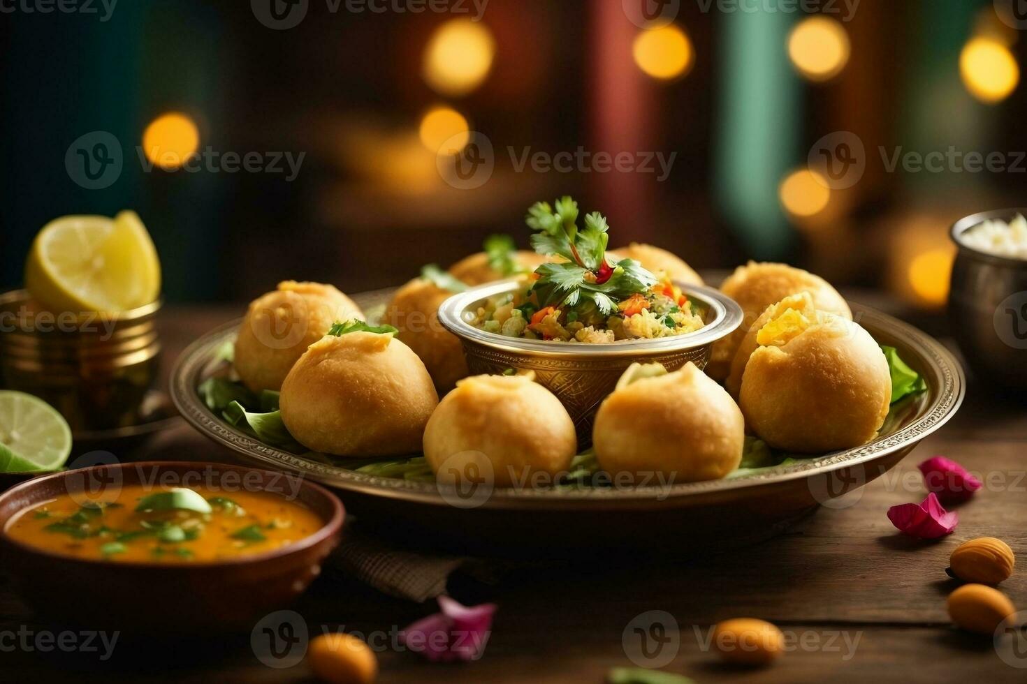 promocional foto de delicioso indio alimento. bandera con hermosa lámina, arroz, especias y velas en el mesa, pani puri. ai generativo