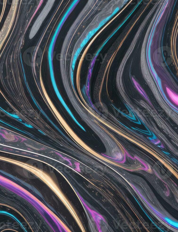 Acrylic paint stains in black and pearlescent colors, beautiful multi-colored veins on a dark background. Beautiful luxury background. AI Generative. photo