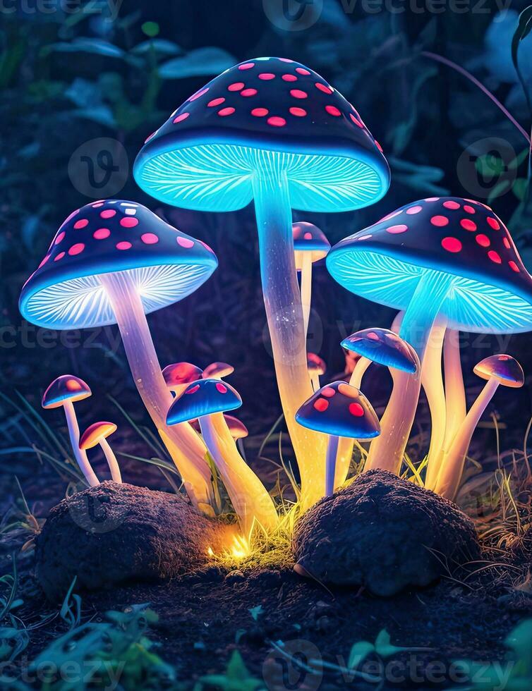 Multi-colored rainbow mushrooms glowing with neon light. Cute mushrooms of different sizes in a forest clearing. AI Generative. photo