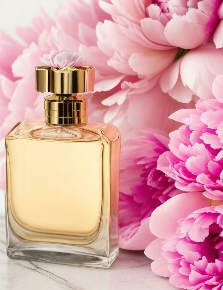 Advertising commercial photo of a perfume bottle against a background of pink peonies. Beautiful image for advertising, fashion and cosmetics. AI Generative.