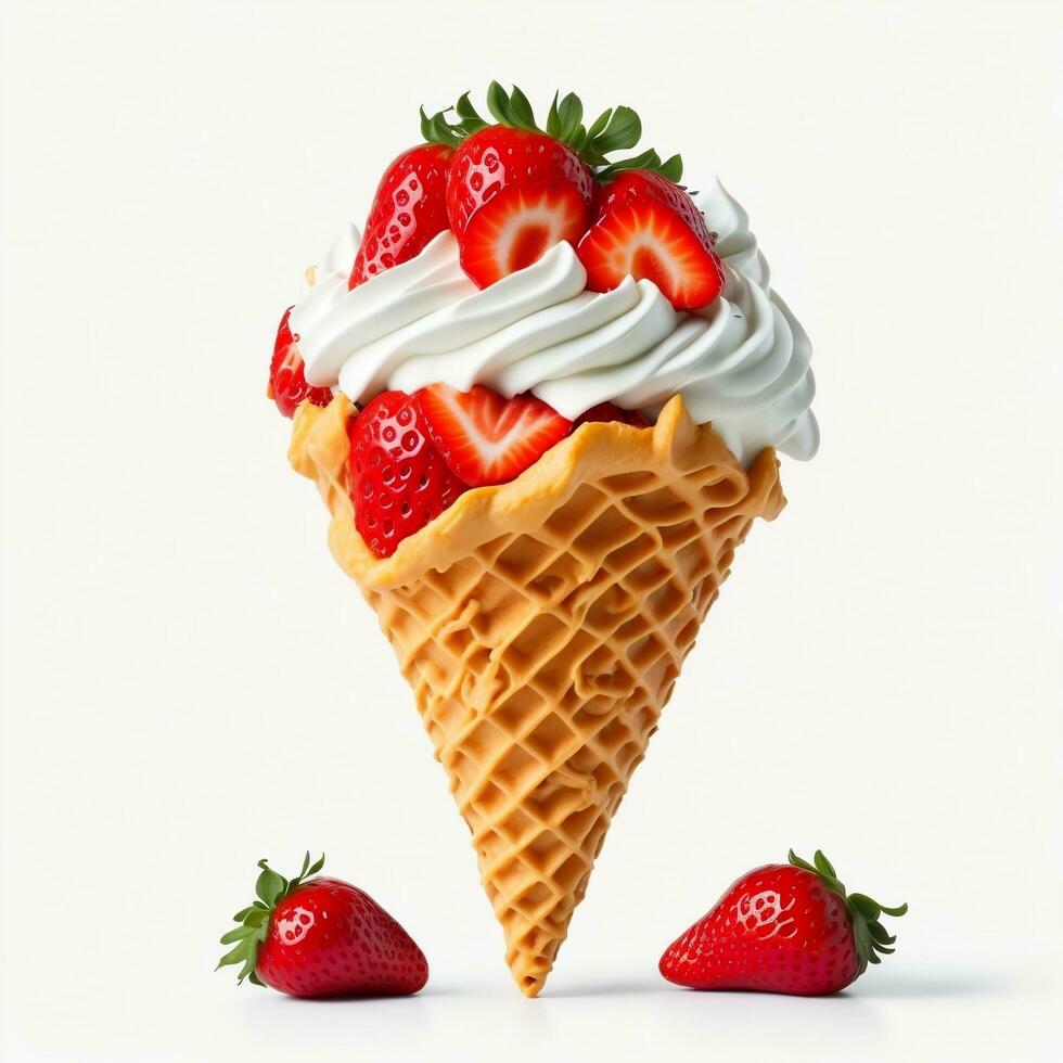 Advertising image, waffle cone with vanilla ice cream and strawberries. 3D render, appetizing dessert isolated on white background. AI Generative photo