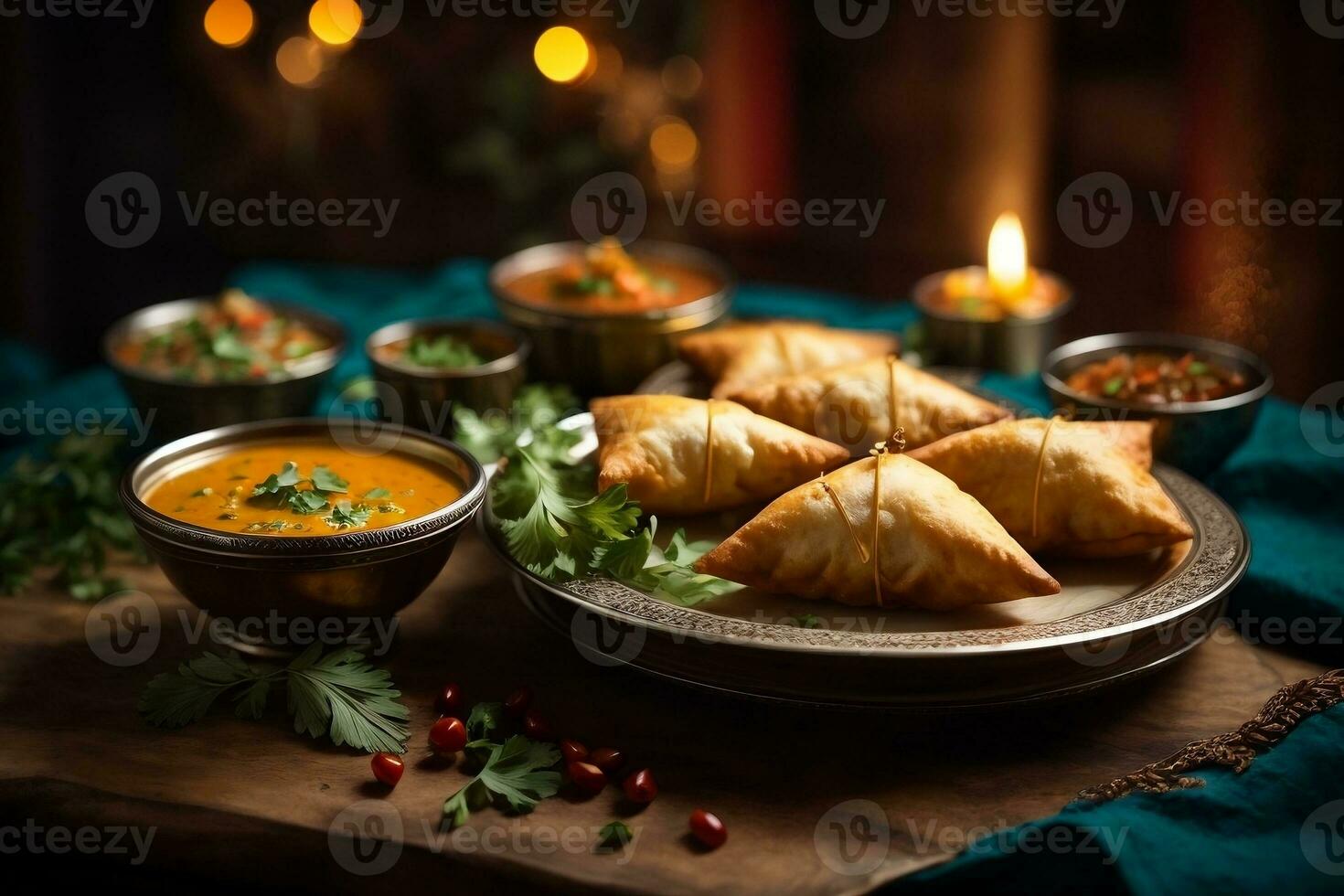 Beautiful promotional photo of Indian food - samosa on a beautiful plate, Indian soup, candles and spices. AI Generative