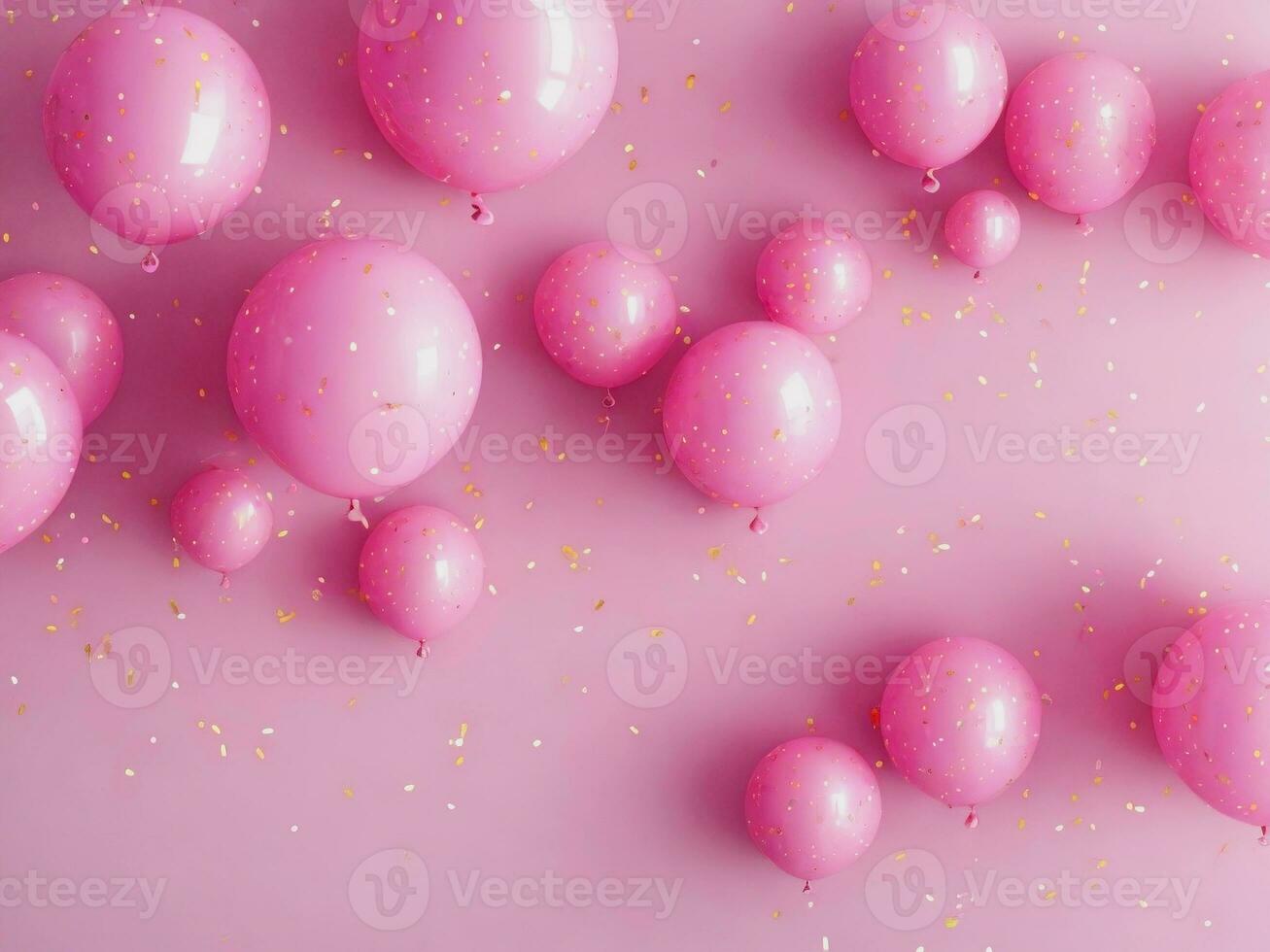 Background, 3d render of cute pink balloons and shiny holographic confetti. Balloons of different sizes, holiday, gender party, sale, banner. AI Generative photo