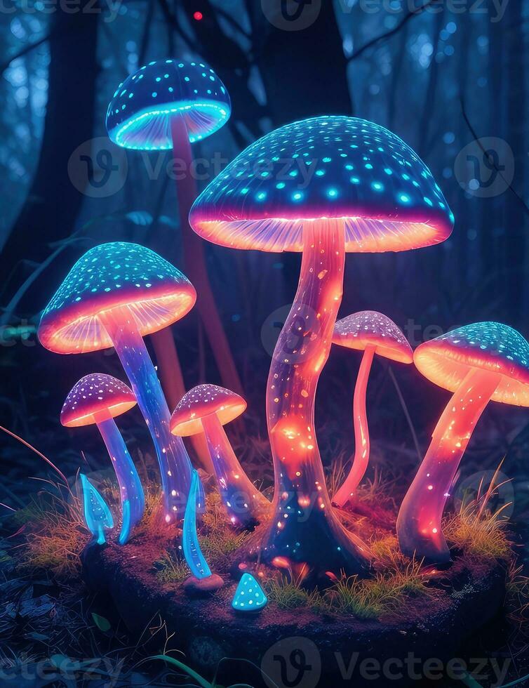 A forest clearing with a group of magic mushrooms glowing with bright neon light. Beautiful magical element, poisonous mushrooms. AI Generative photo