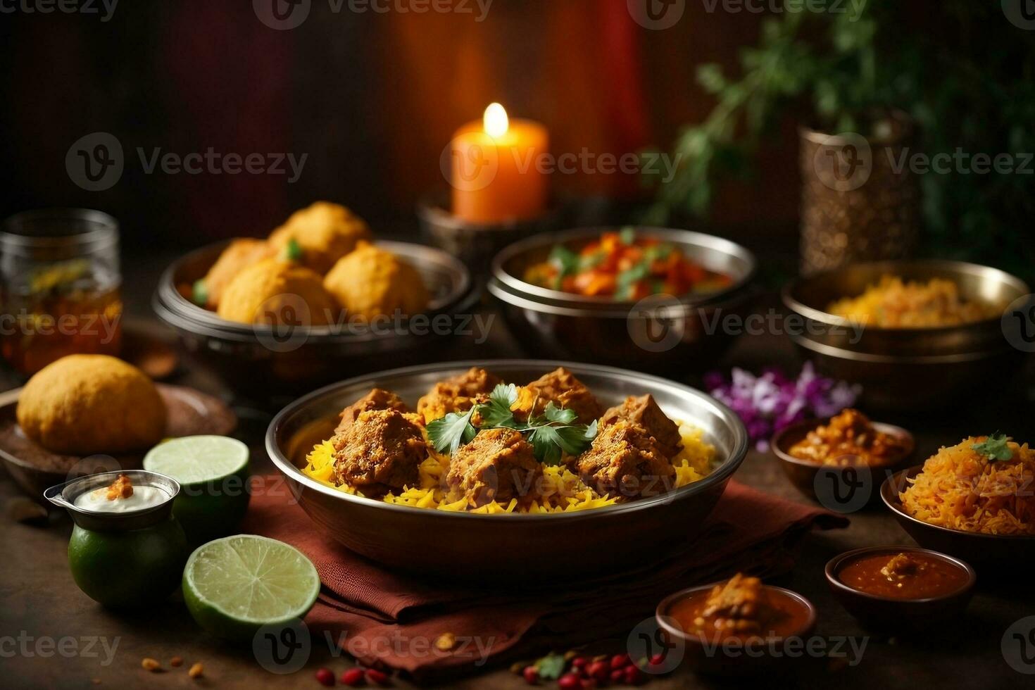 promocional foto de delicioso indio alimento. bandera con un hermosa lámina, arroz, especias y velas en el mesa, nacional cocina. ai generativo