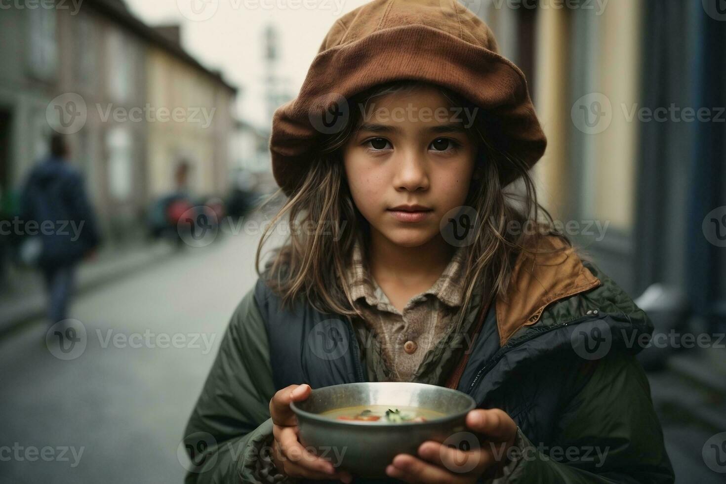 Photo of a homeless girl in old clothes, holds a metal bowl of food in her hands, the problem of poverty. AI Generative