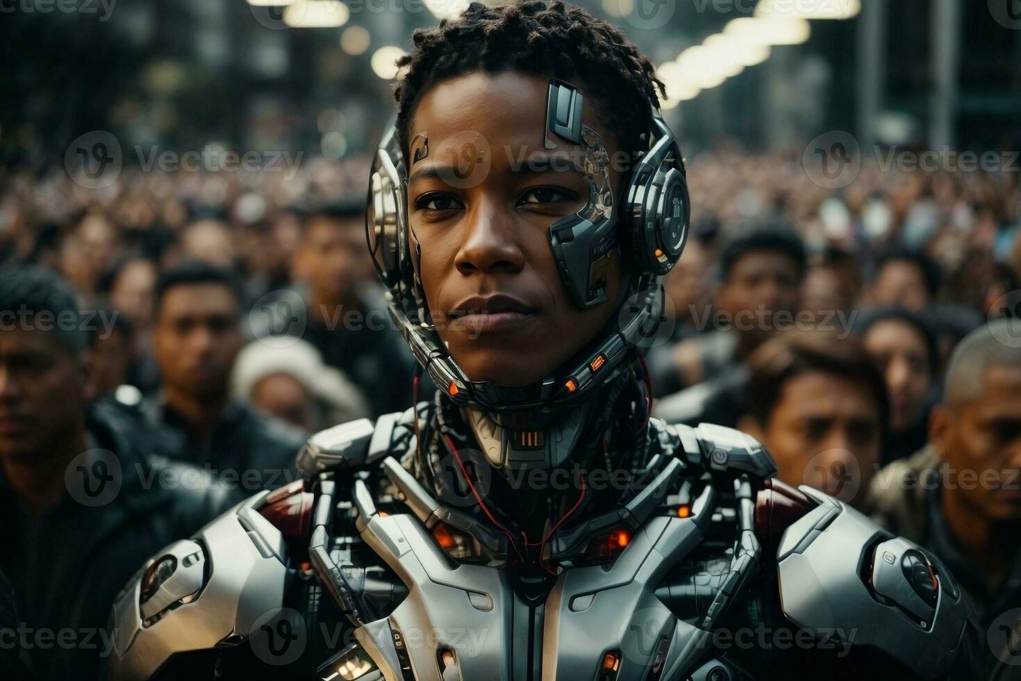 The problem of artificial intelligence and society, a photo of an android man against the background of a crowd of people. AI Generative