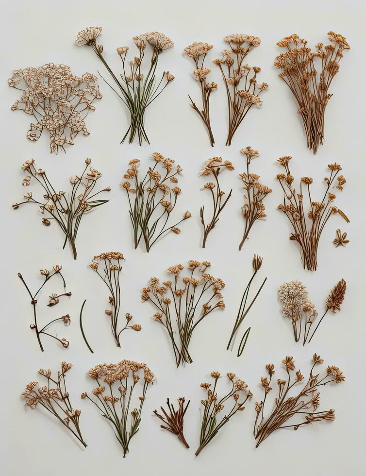 Clipart set of cute dried bouquets isolated on white background. Herbarium, wildflowers, cute decorative elements. AI generated photo