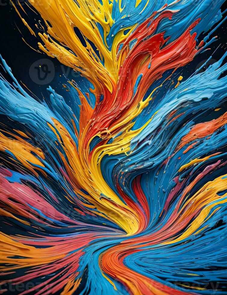 Decorative abstract background, rainbow paint stains, bright colors. Liquid paint drips, fluid elements. AI generated photo