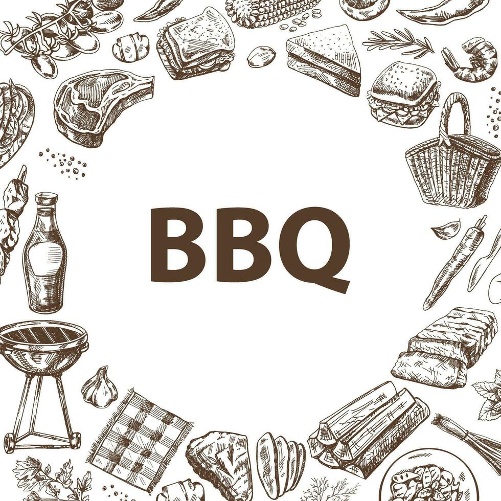 Vintage monochrome barbecue and picnic  template, hand-drawn. For the design of the menu, grilled food in a vintage doodle style. Template with an empty space in the center. vector