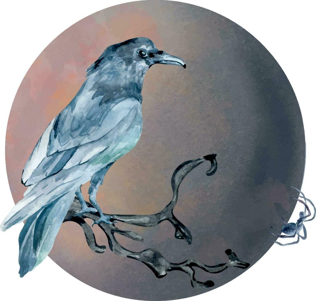 Gothic composition with moon, raven, spider watercolor illustration isolated on white. Bare tree, black crow on branch hand drawn. Design element for card, print, Halloween poster vector