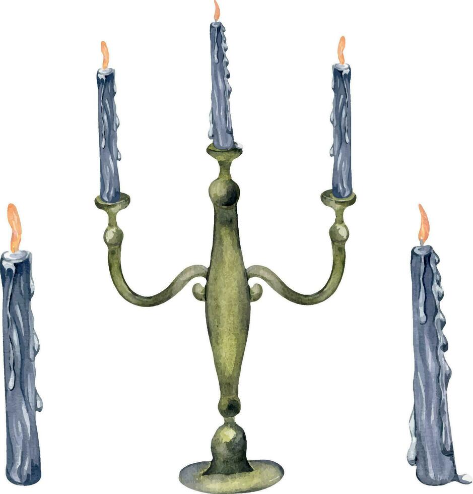 Watercolor ancient candlestick set isolated on white background. Gothic aged candelabrum Illustration hand drawn. Gothic Dark Wedding Decoration in vintage style. Element for invitation, backdrop vector