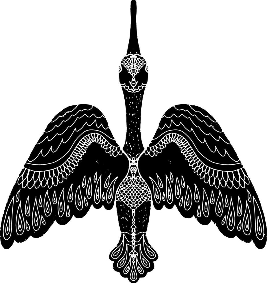 a black and white drawing of a bird with wings vector