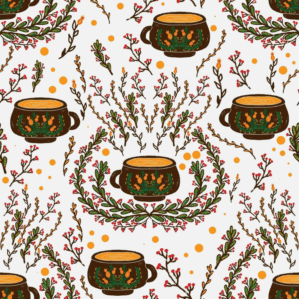 a pattern with tea cups and flowers vector