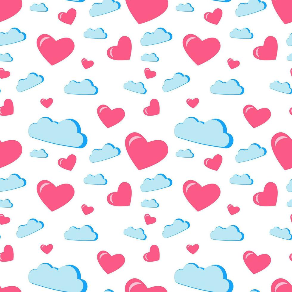 Seamless texture with pink hearts and clouds on a white background vector