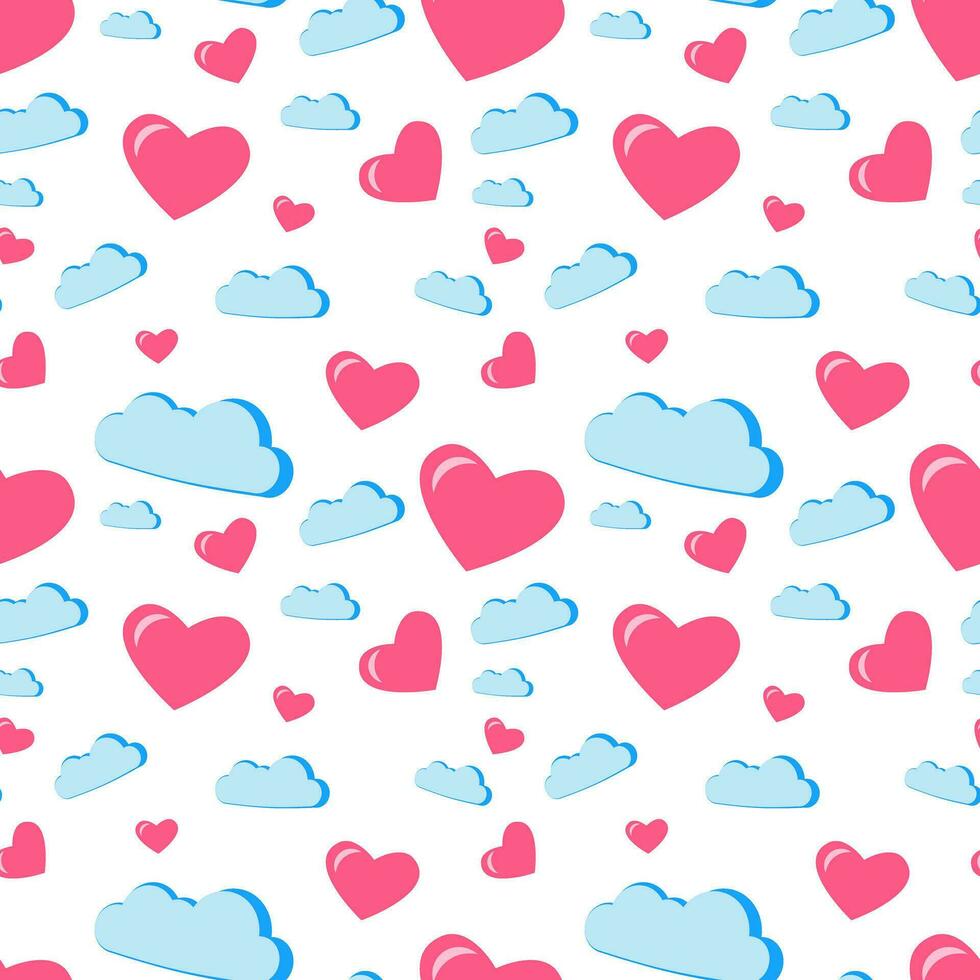 sin costura textura con rosado corazones y nubes en un blanco antecedentes vector